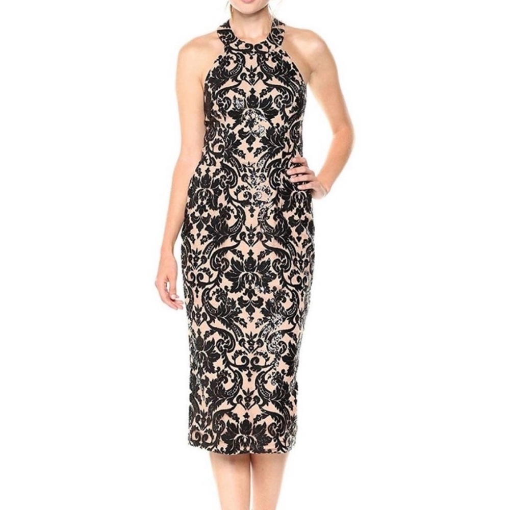 DRESS THE POPULATION Black Nude Sequin Halter Bodycon Pencil Cassie Dress S